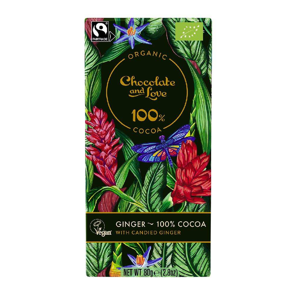 Chocolate and Love - 100% Cocoa with candied ginger. Organic, Fairtrade, Vegan. Image