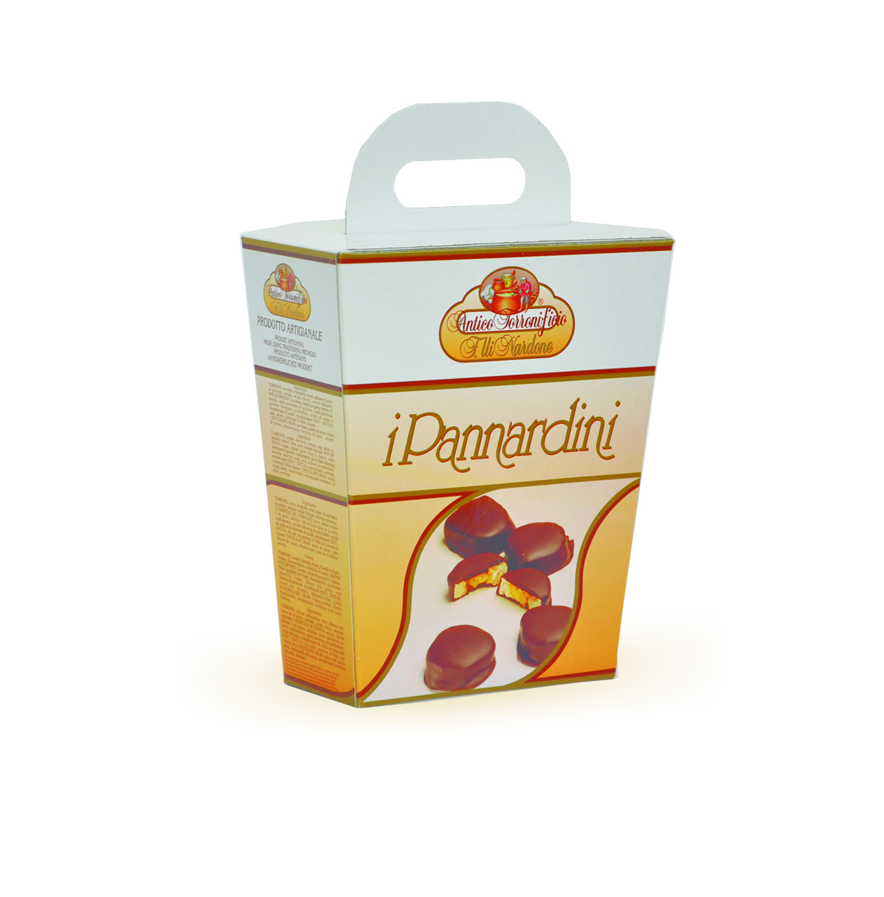 PANNARDINI SMALL NOUGAT STUFFED  WITH SPONGE CAKE , SOAKED LIQUOR AND COVERED WITH DARK CHOCOLATE IN BOX GR 250 Image