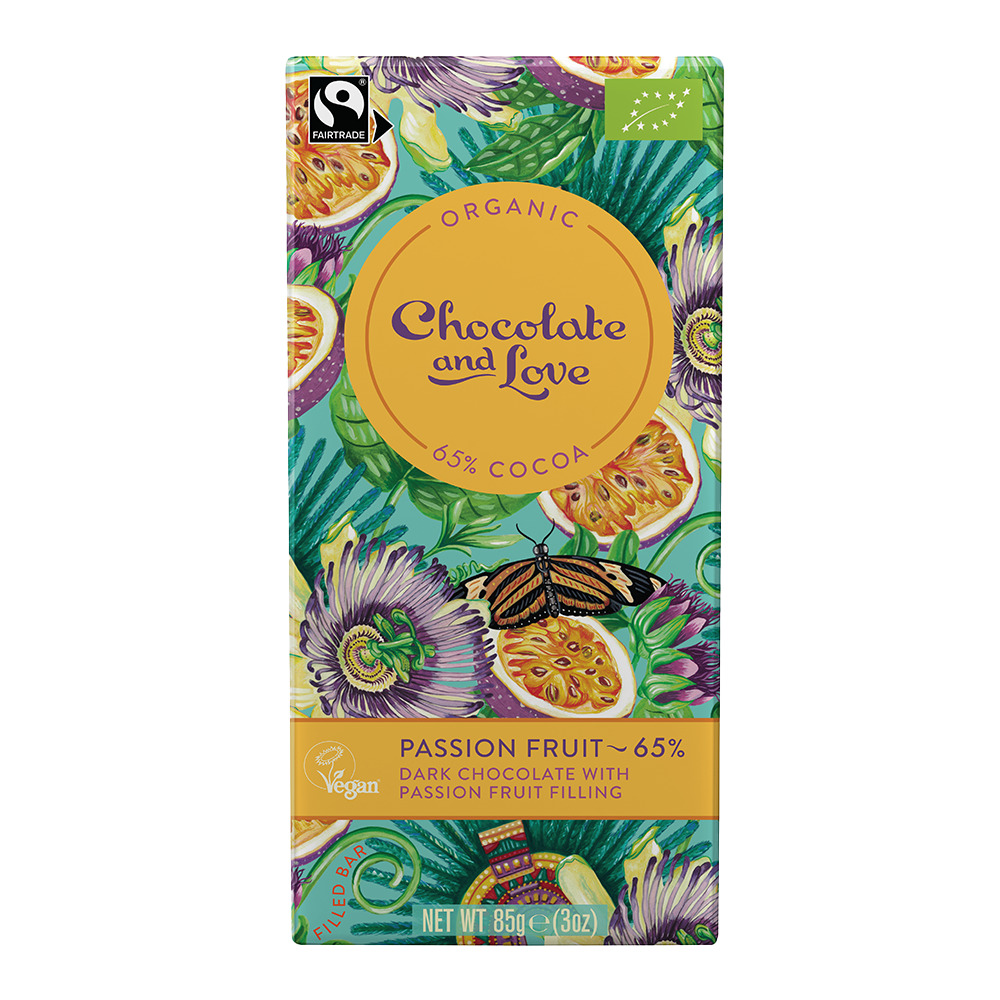 Chocolate and Love - Passion fruit - Dark chocolate with passion fruit filling. Organic, Fairtrade, Vegan. Image