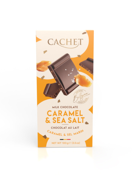 Cachet tablet 100g milk chocolate 31% cocoa with caramel pieces and sea salt. Image