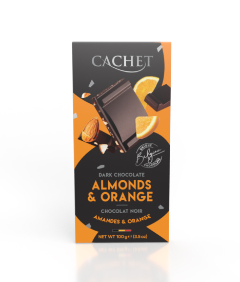 Tablet of dark chocolate, 57% cocoa, with pieces of almonds and candied orange zest. 100g. Image