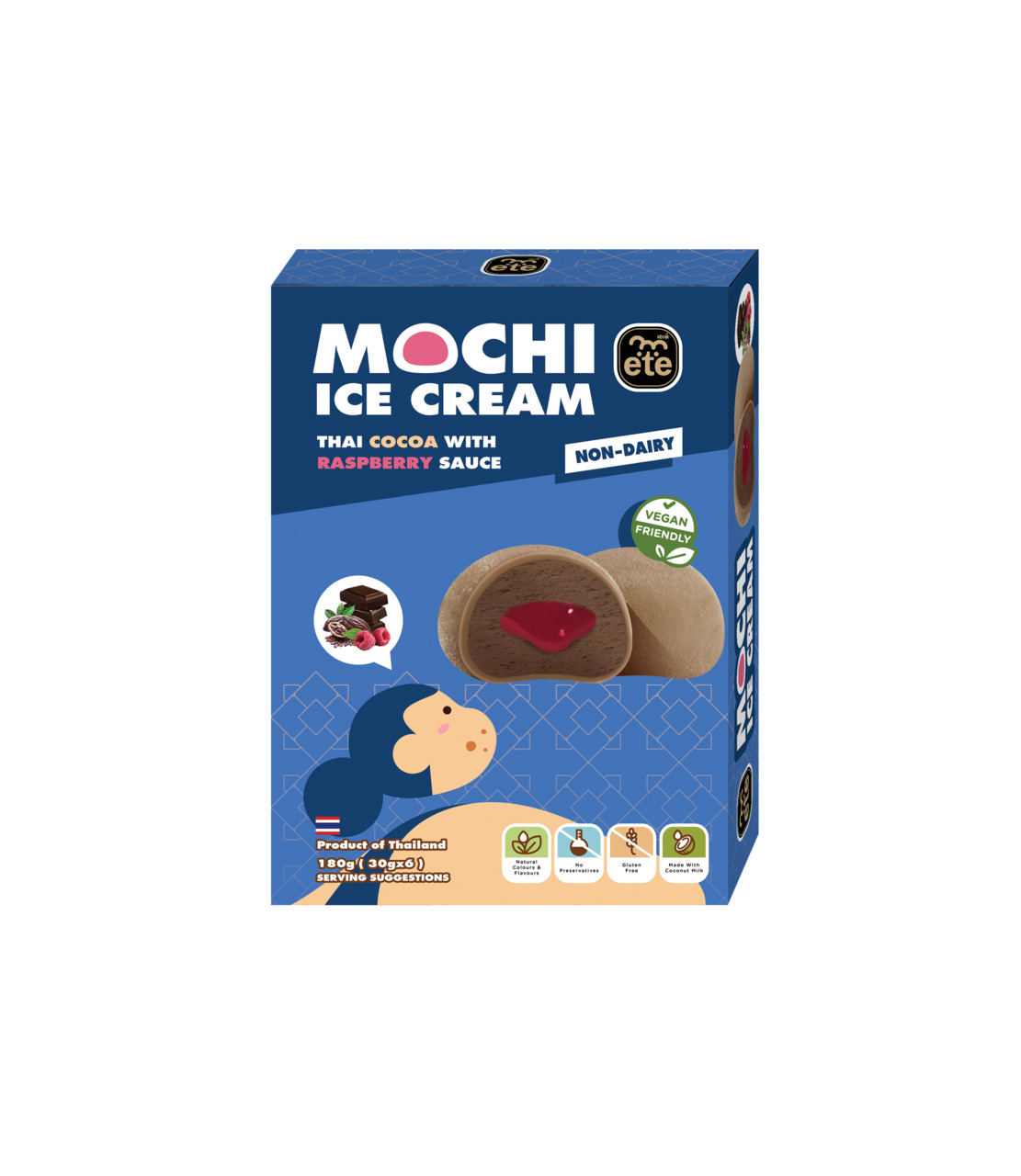 Mochi filled with Thai cocoa flavoured ice confection and raspberry flavoured filling Image