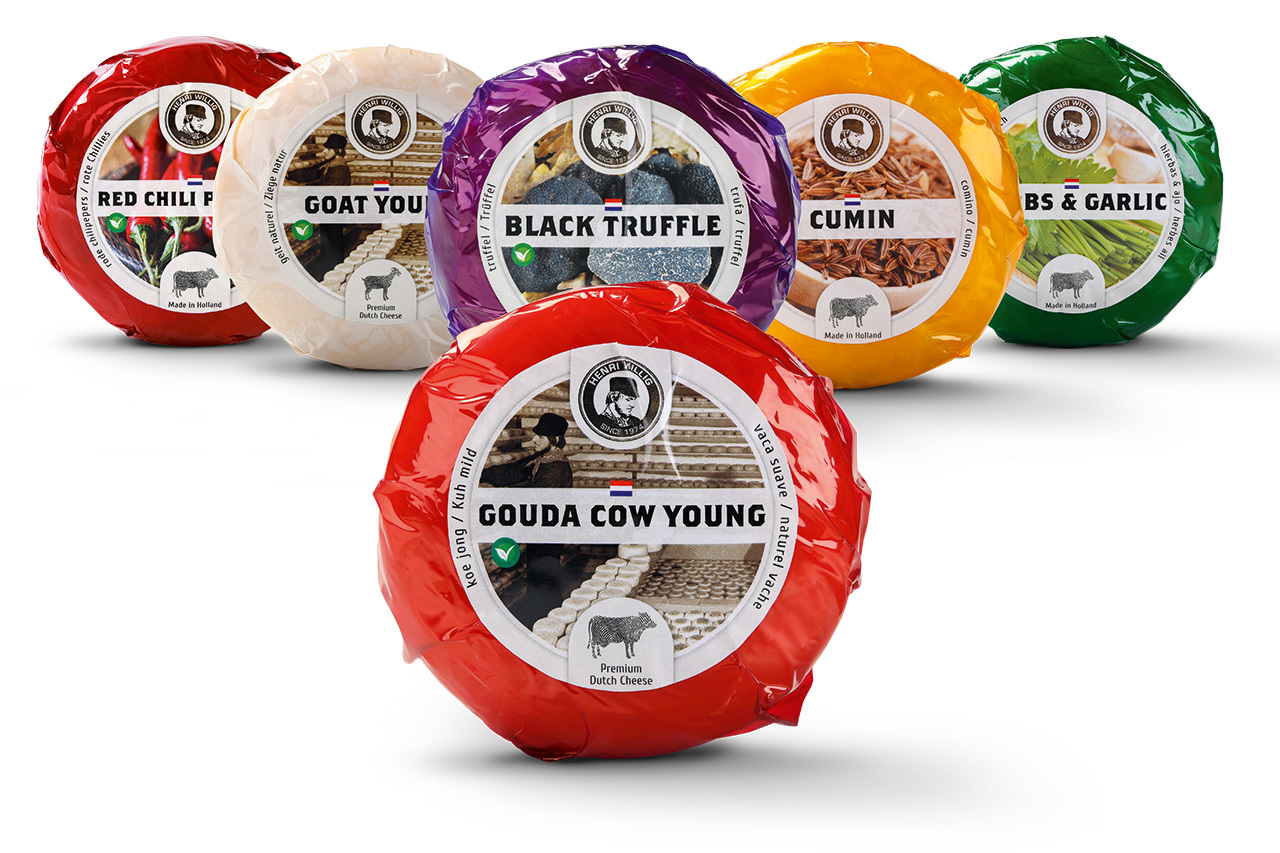 Henri Willig mini cheese wheels: Gouda, Truffle, Cumin, Chili, Herbs/Garlic, Goat Image