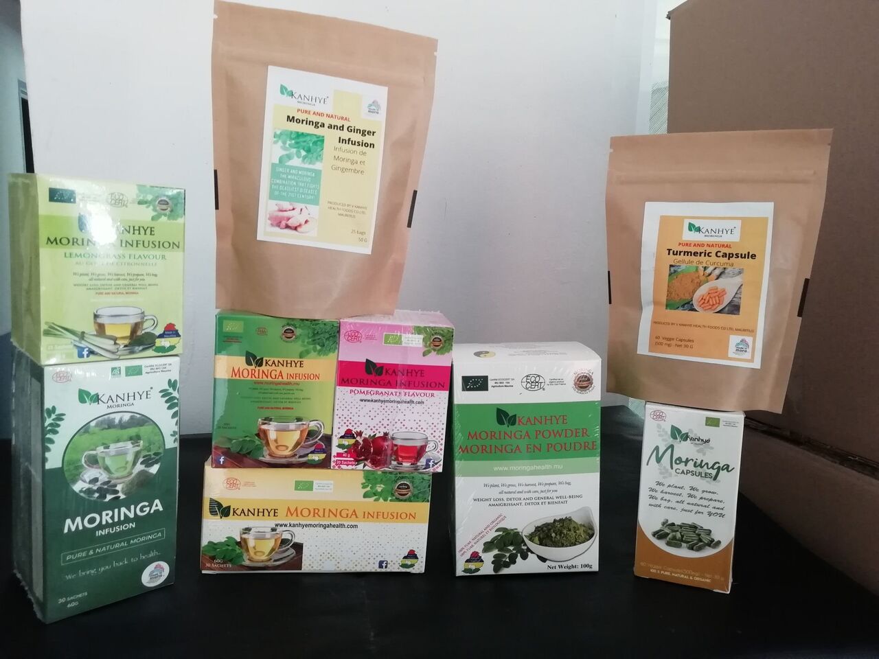 1. Moringa Tea/infusion  2. Moringa and hibuscus infusion  3. Moringa powder.   4. Moringa and ginger infusion 5. Moringa capsule Image