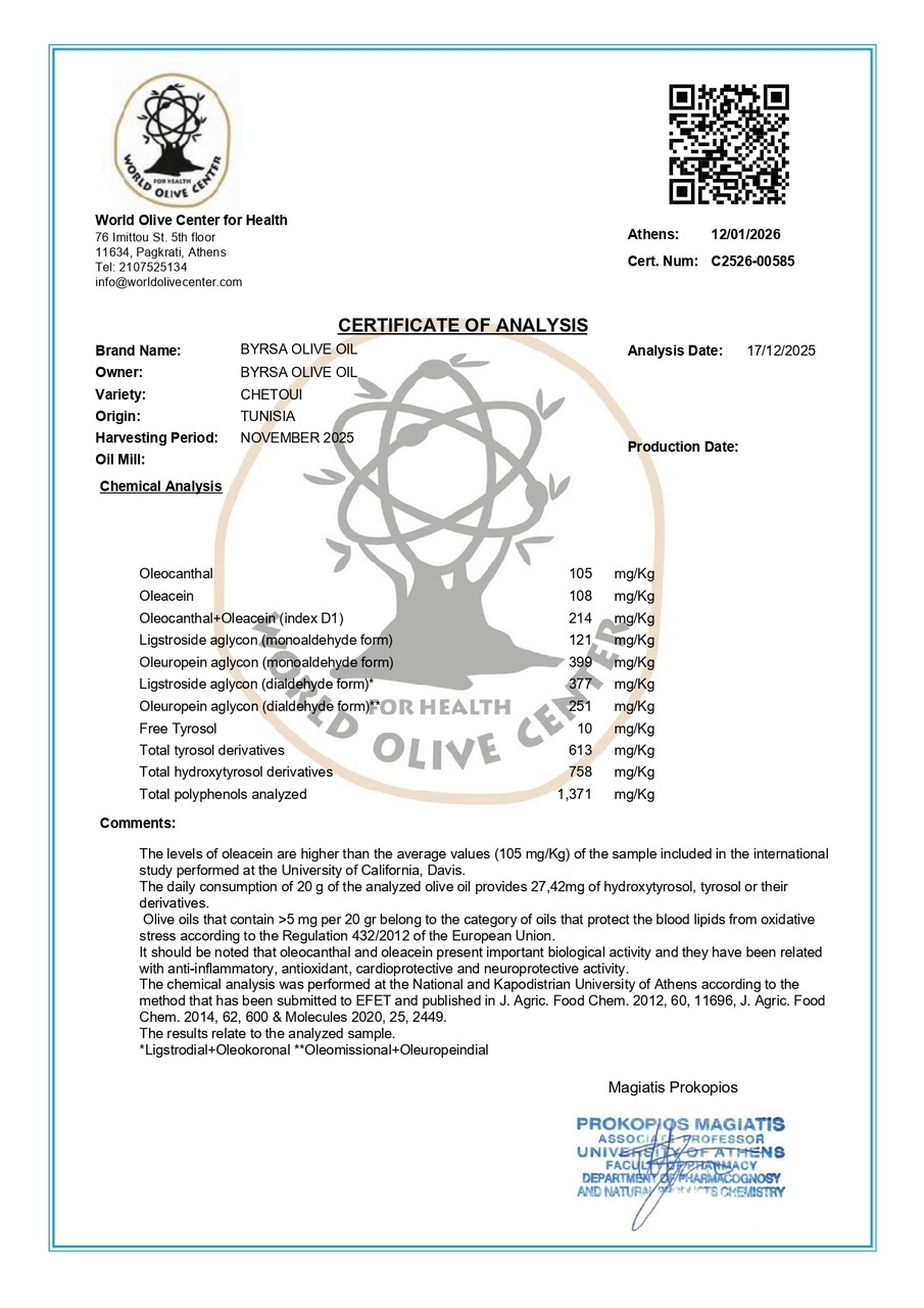 BYRSA Chetoui Ultra High Polyphenol 1371mg/KG Organic Extra Virgin Olive Oil Image