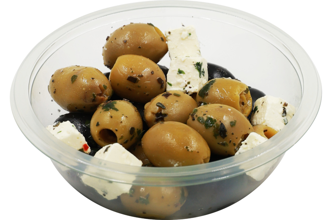 Green and black olives with cheese cubes Image