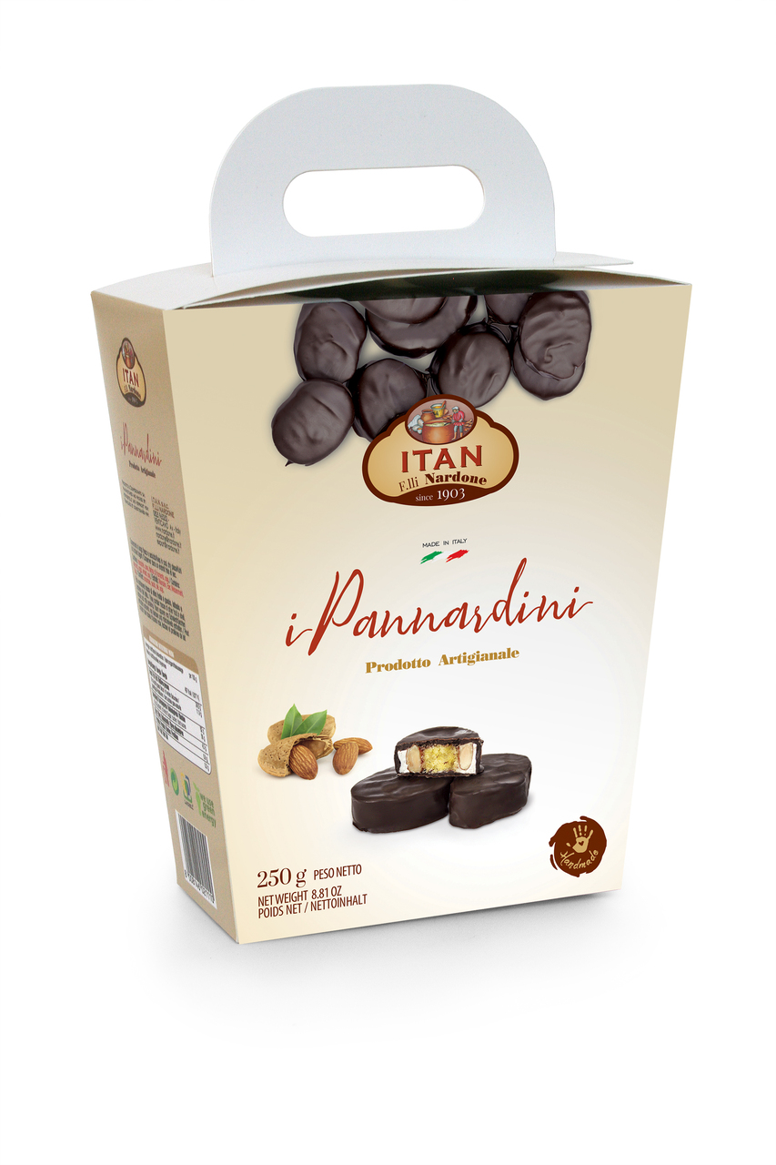 PANNARDINI SMALL NOUGAT STUFFED WITH SPONGE CAKE , SOAKED LIQUOR AND COVERED WITH DARK CHOCOLATE IN BOX GR 250 イメージ
