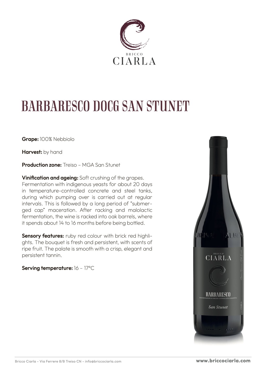 Bricco Ciarla Barbaresco San Stunet DOCG  Image