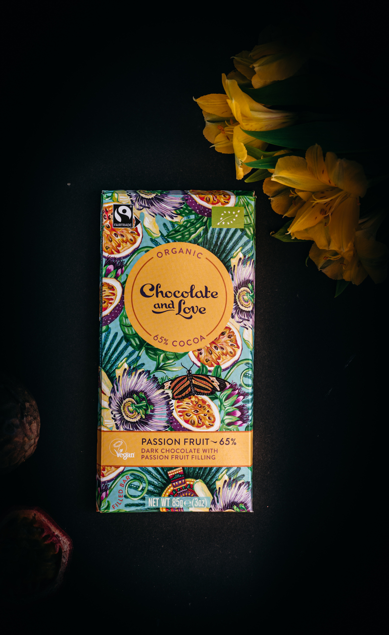 Chocolate and Love - Passion fruit - Dark chocolate with passion fruit filling. Organic, Fairtrade, Vegan. Image