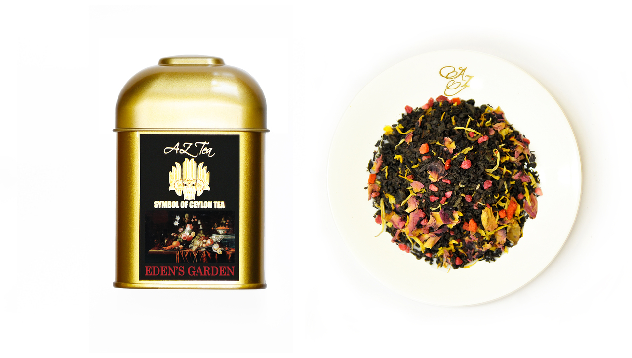 Premium Black & Green loose-leaf tea product lineup in elegant gold tin, Packed in Japan. Image