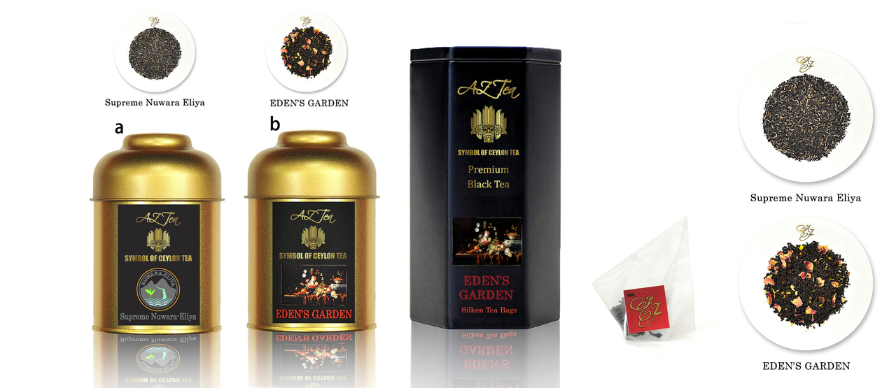 Black and Green Tea in silken tea bags in Hexagon shaped black tins, produced and packed in Japan. Image