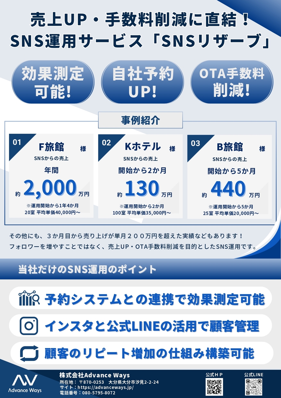 【株式会社Advance Ways】宿専門SNS運用支援「SNSリザーブ」◆SNSで予約獲得◆ Image